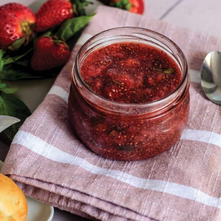 Basil strawberry chia jam spread on homemade flatbread.