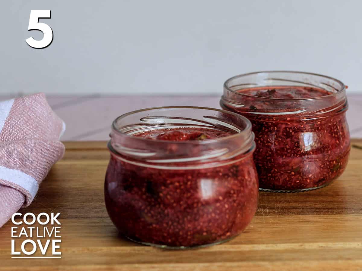 strawberry basil jam is transferred to jars