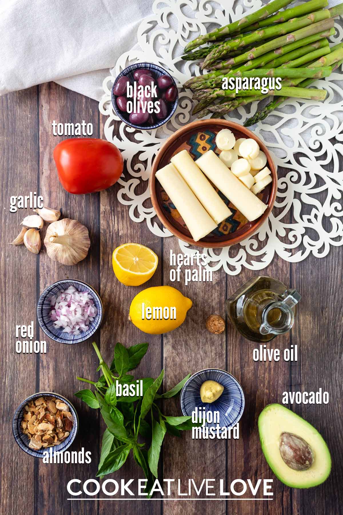 Ingredients to make hearts of palm salad.