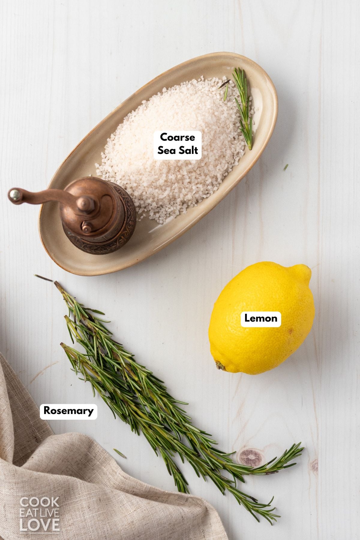 Ingredients to make rosemary salt. 