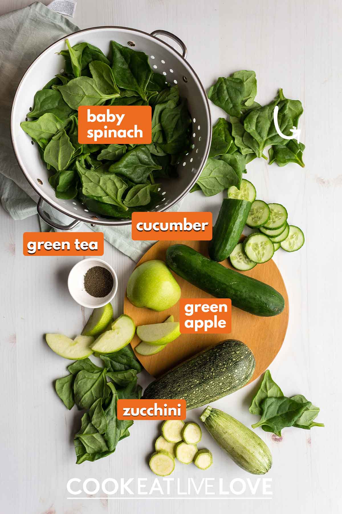 Ingredients to make green smoothie base on the table.