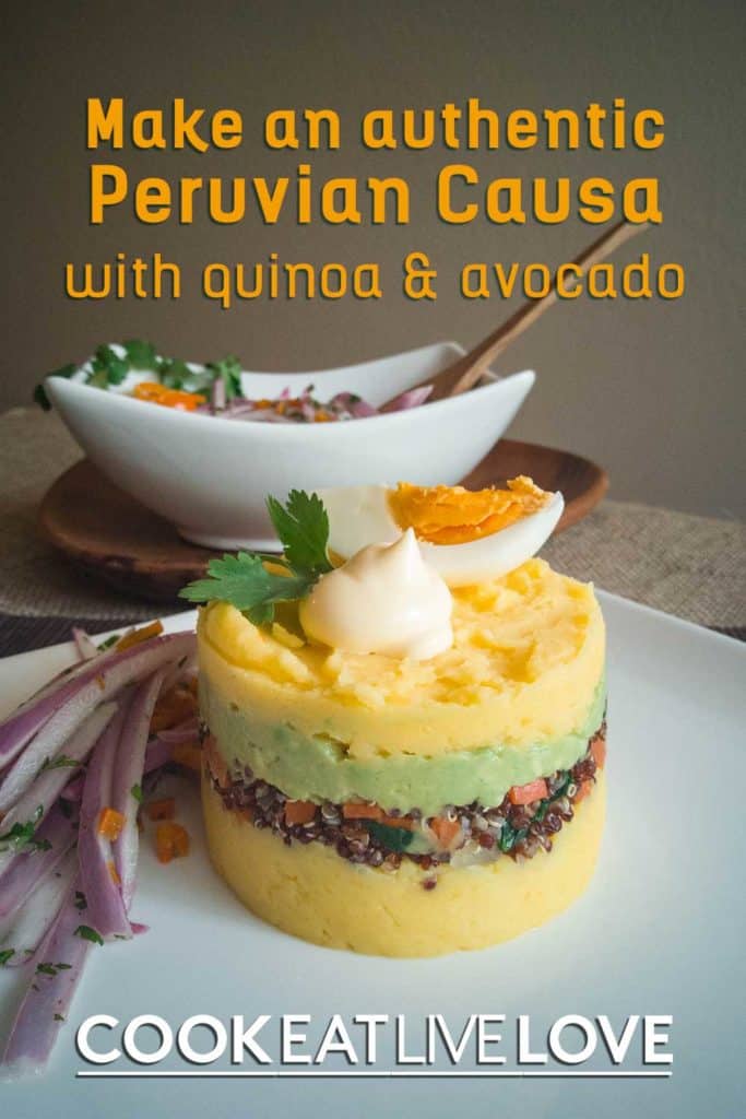 Pin for pinterest of side view of peruvian vegetarian causa with quinoa and avocado. 