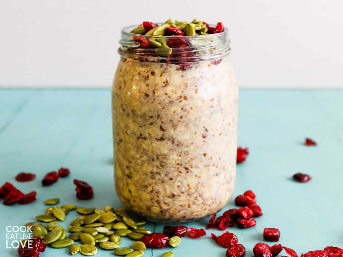 Pumpkin spice overnight oats are easily made in a jar to grab on the the go in the morning.