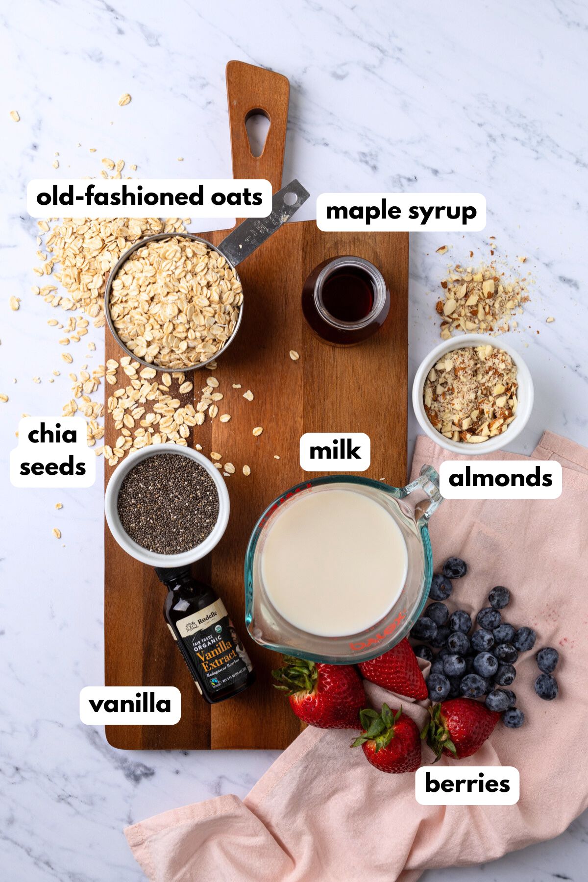 Ingredients to make chia overnight oats with text labels.