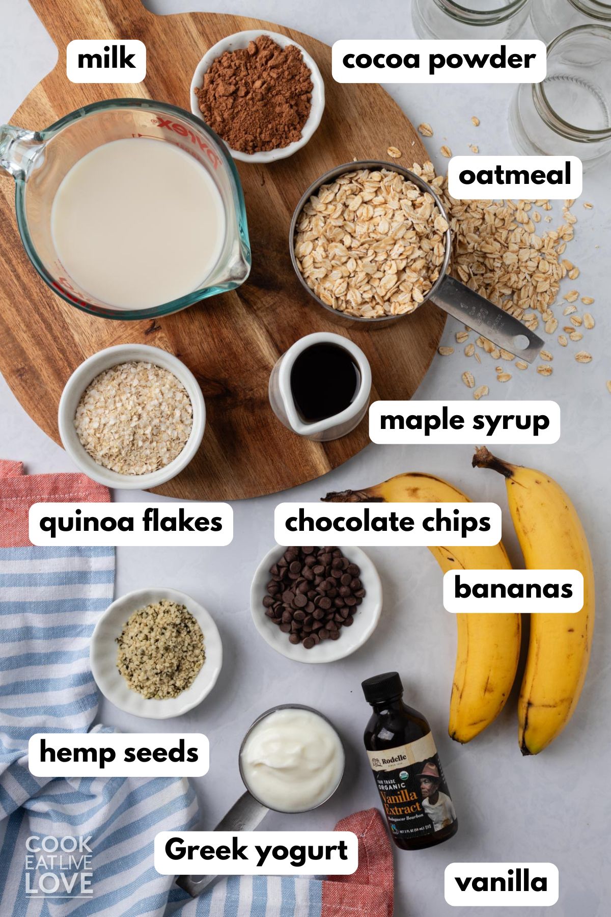 Ingredients to make chocolate and banana overnight oats on the table.