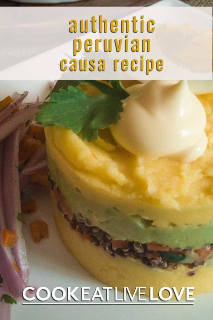Pin for pinterest of closeup of vegetarian causa topped with mayonnaise