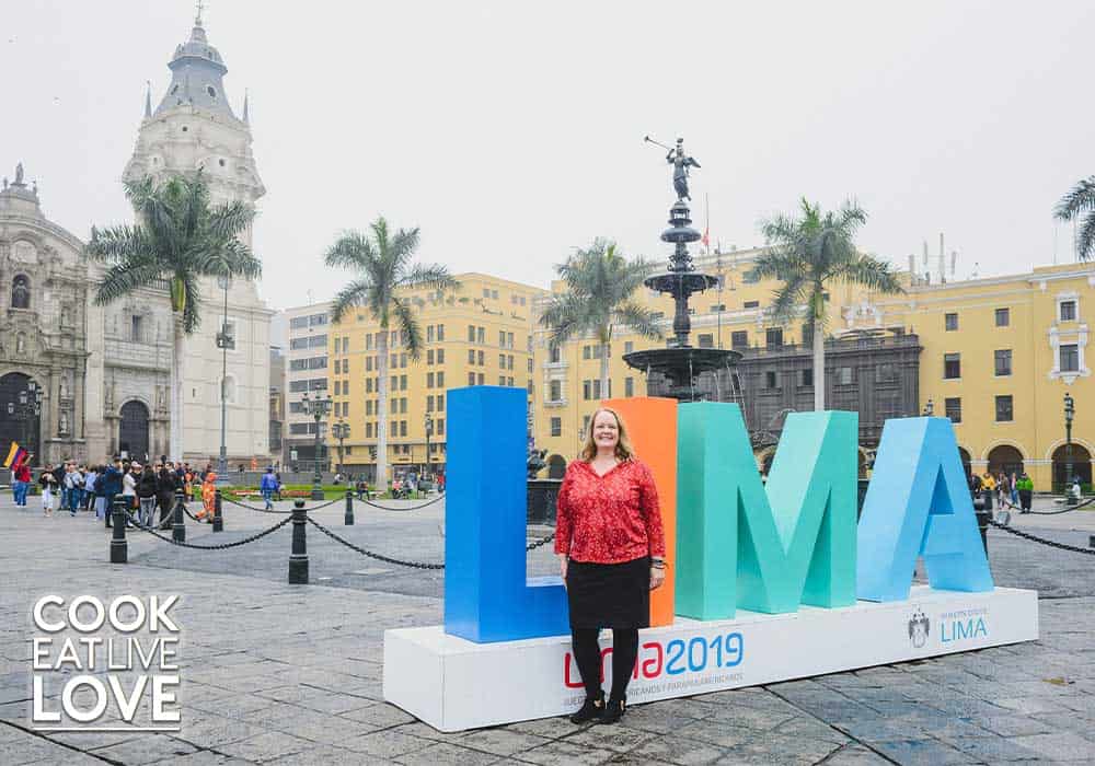 Photo of me standing in the Plaza de armas of Lima while on a trip exploring Peruvian food in that area.