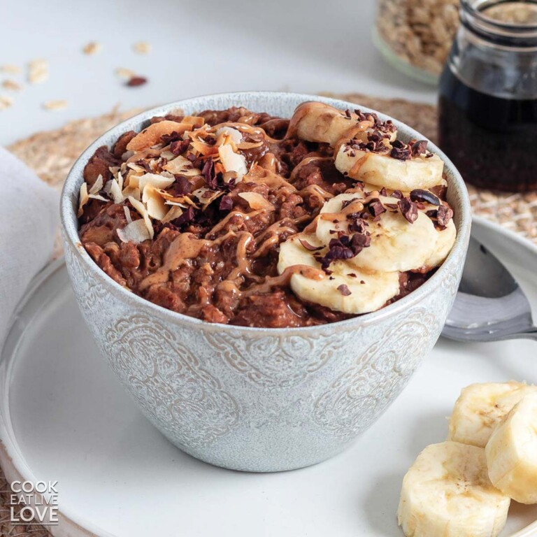 Banana chocolate oatmeal in a bowl