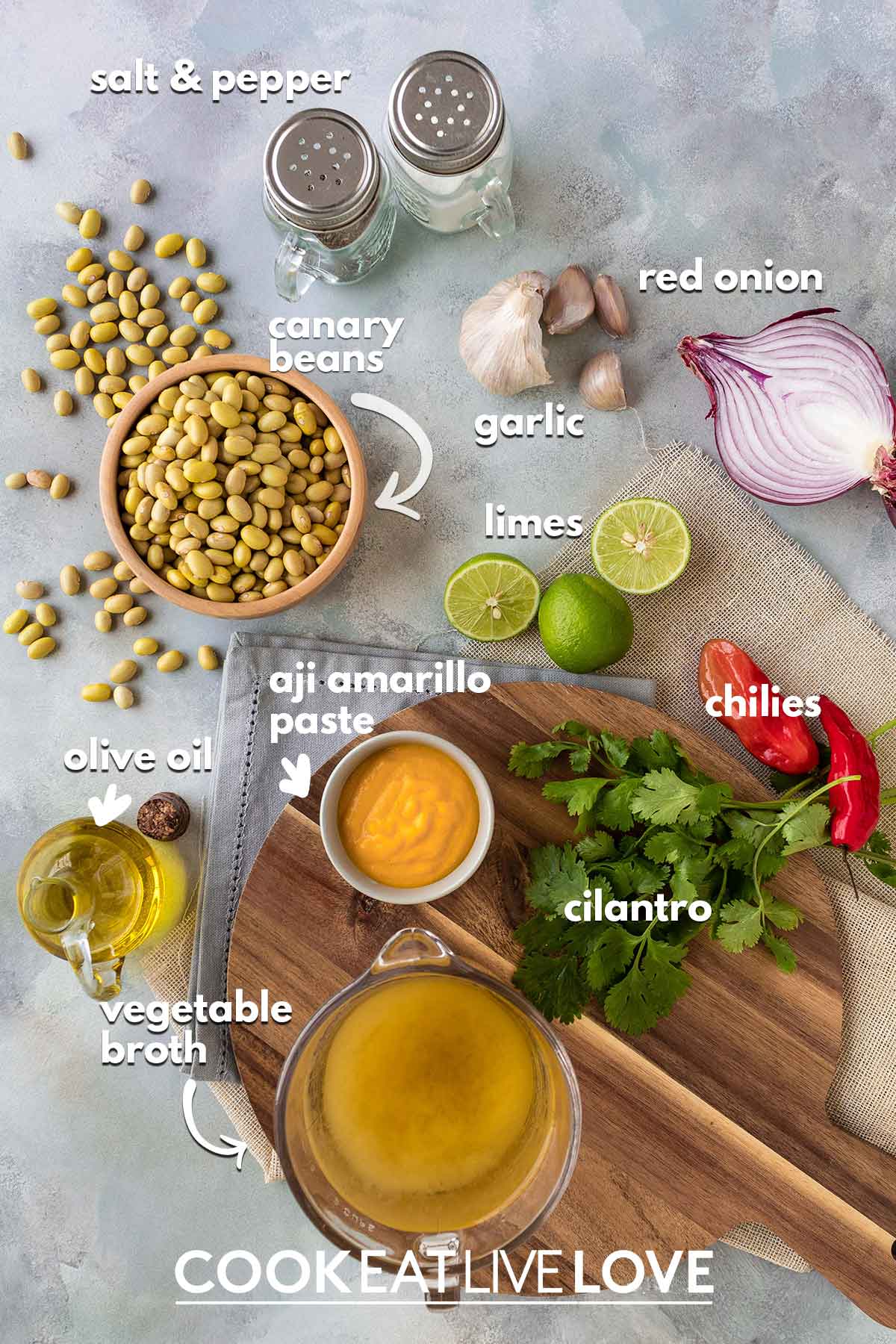Ingredients to make peruvian beans on the table with text labels.