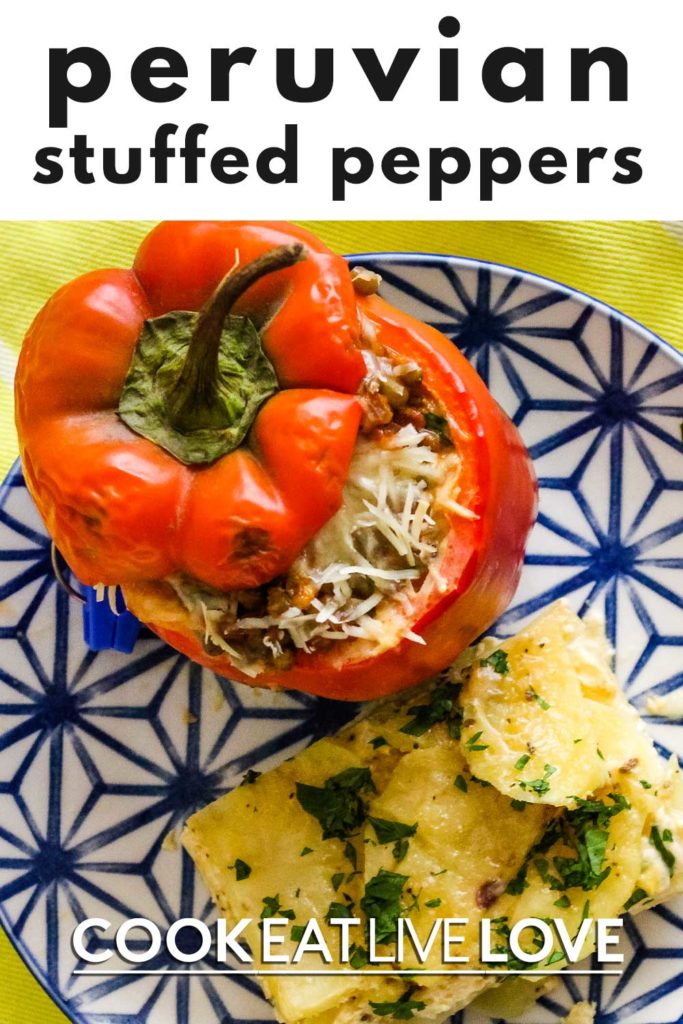Pin for pinterest with recipe title on top in black.  Overhead photo of plate with vegetarian stuffed pepper and potato casserole