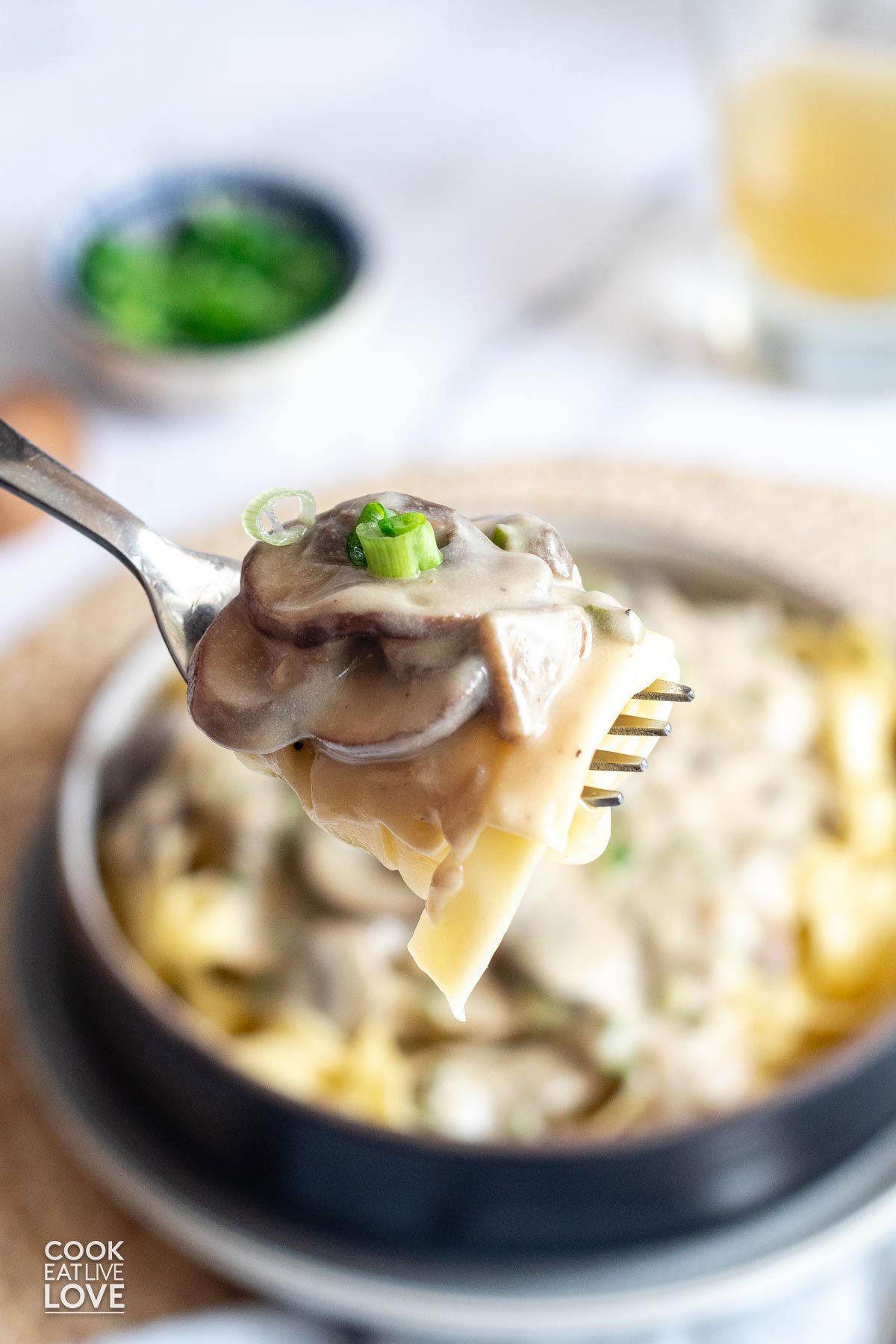 A spoonful of plant-based mushroom stroganoff held up over the bowl.