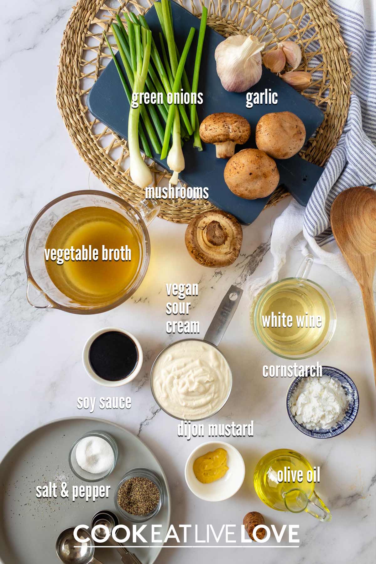 Ingredients to make vegan mushroom stroganoff on the table.