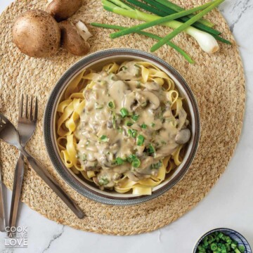 Vegetarian stroganoff is served up in gray bowl over noodles and topped with crispy matchstick potatoes.