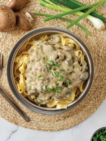 Vegetarian stroganoff is served up in gray bowl over noodles and topped with crispy matchstick potatoes.