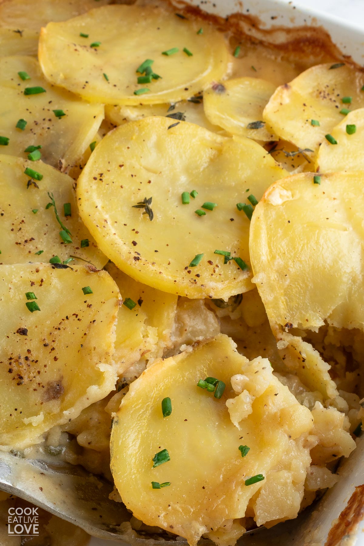 A close up of vegan scalloped potato casserole after baking.
