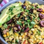 Pin for pinterest graphic with corn salad in a bowl image and text