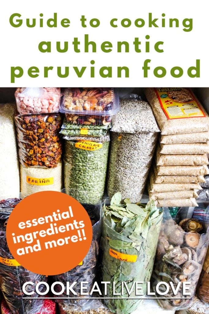 Pin for pinterest with photo of peruvian ingredients in market.  