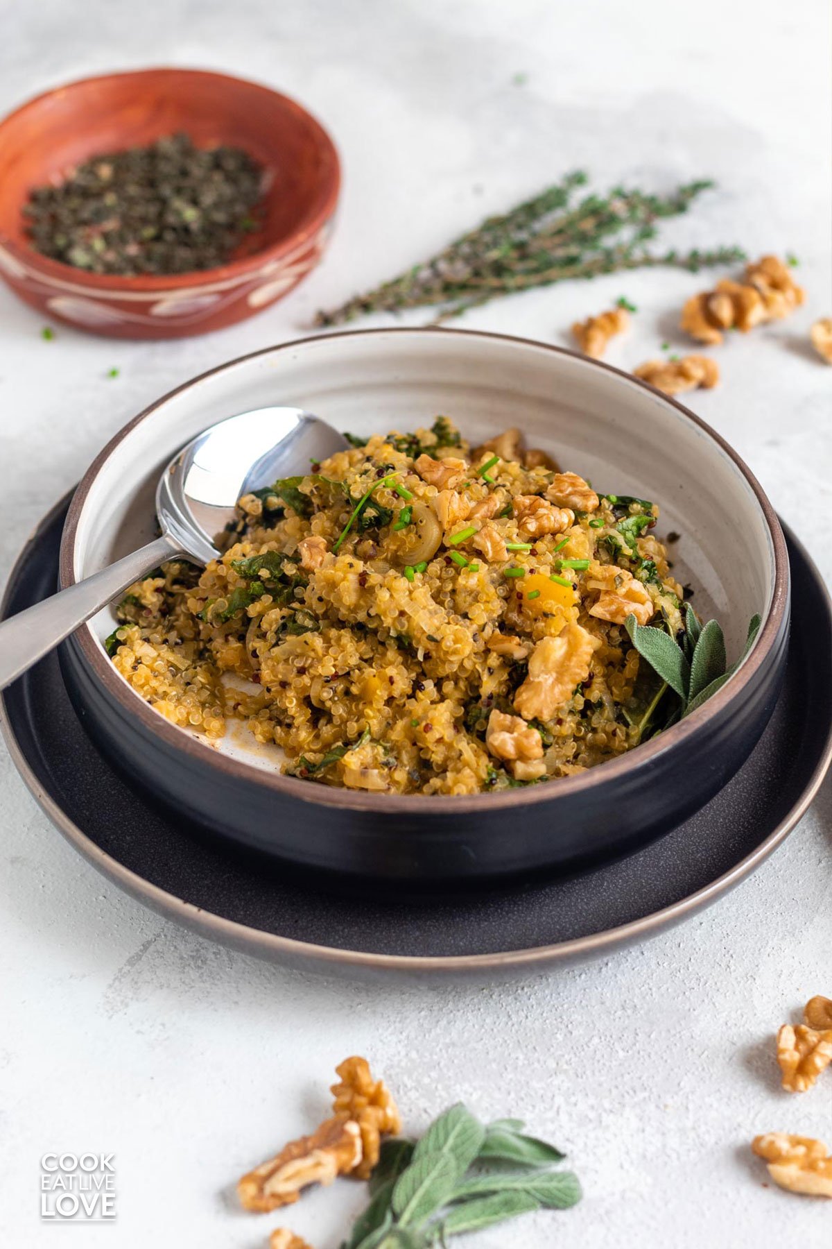 Bowl of quinoa risotto on a plate with a spoon in the dish.