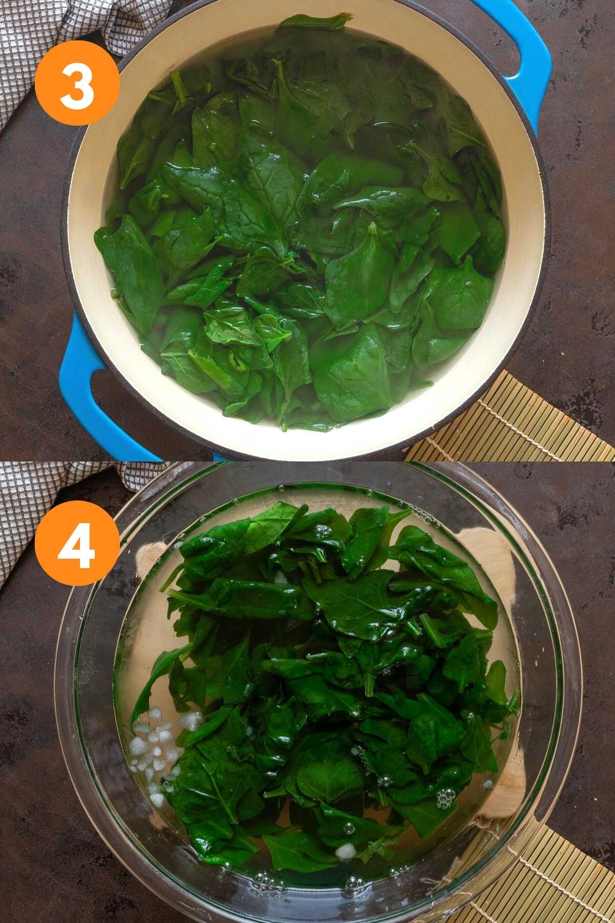 Cooking and chilling the cooked spinach for a tofu ramen bowl.