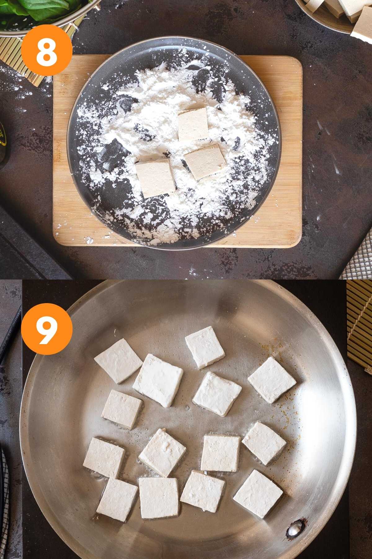 Dusting the tofu with cornstarch and cooking it in a pan.
