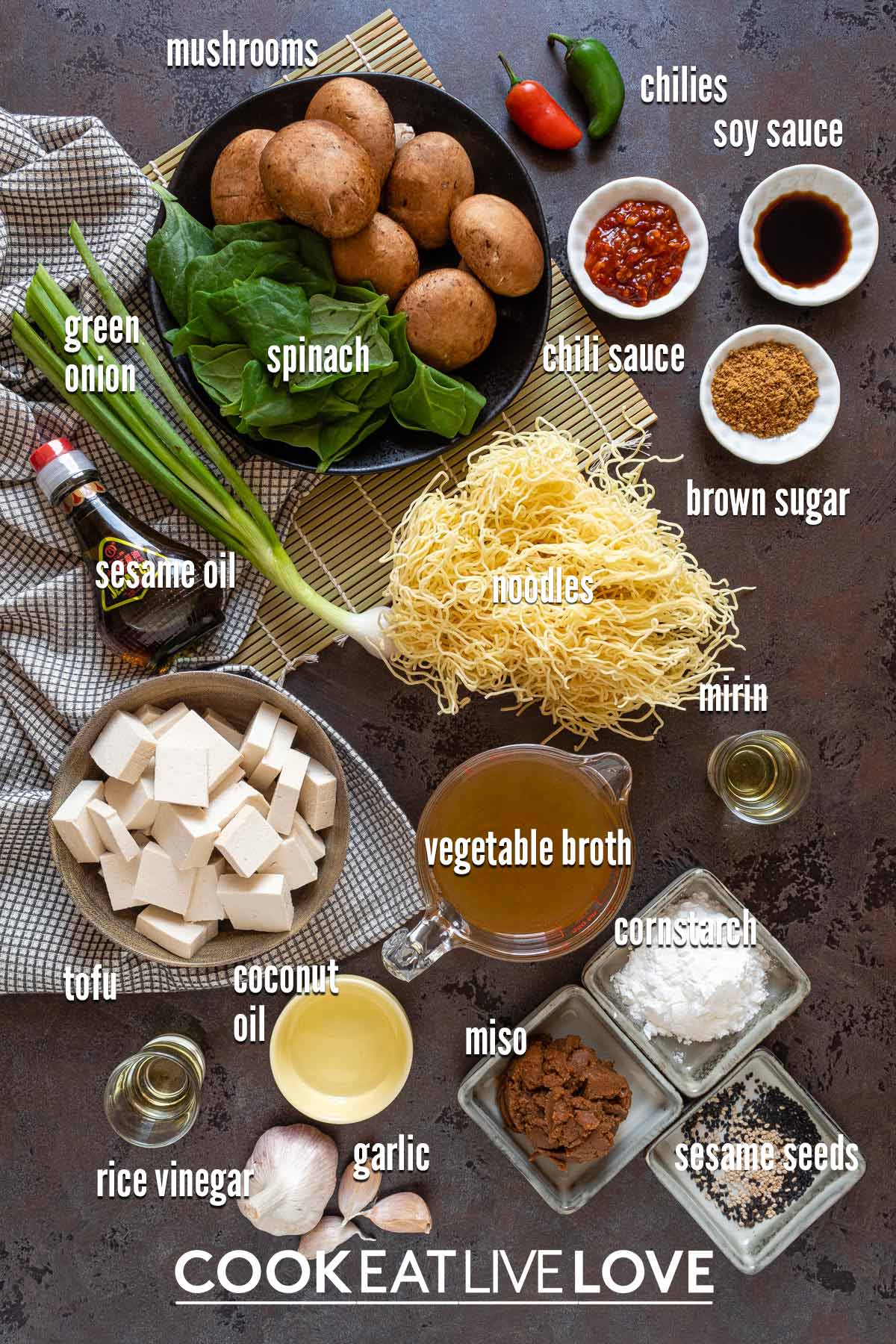 Ingredients to make vegan tofu ramen on the table with text labels.