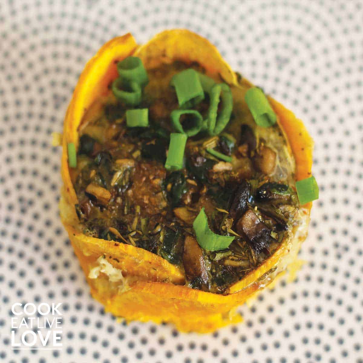Cooked sweet potato crusted quiche on a plate