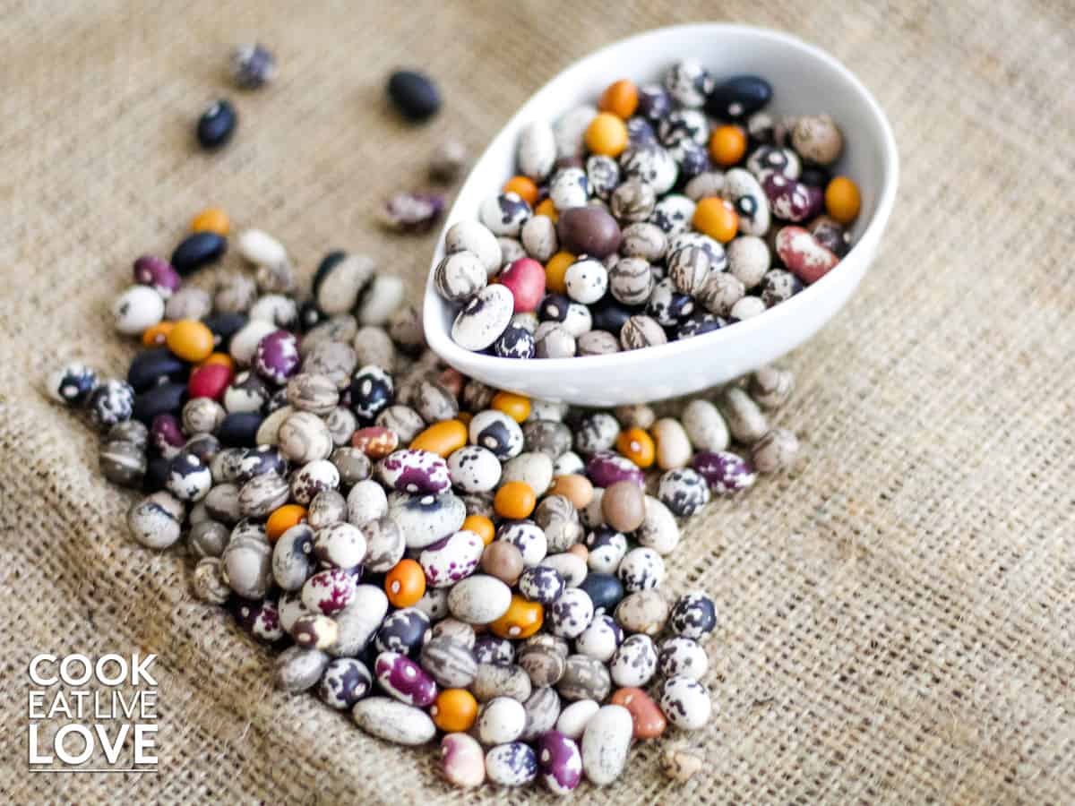 Colorful nuna beans in white bowl spilling onto burlap.