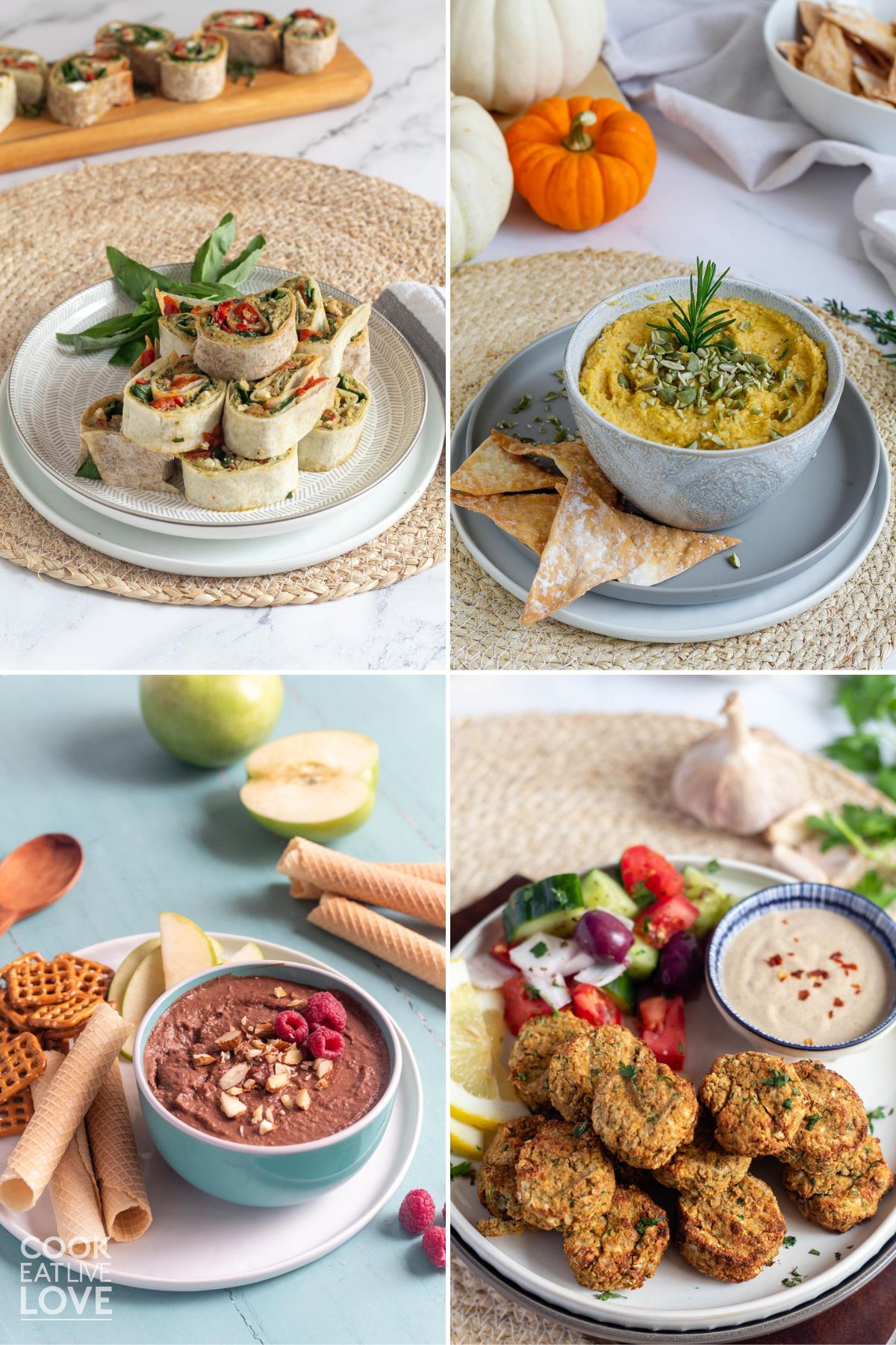 A collage of four chickpea snack recipes.