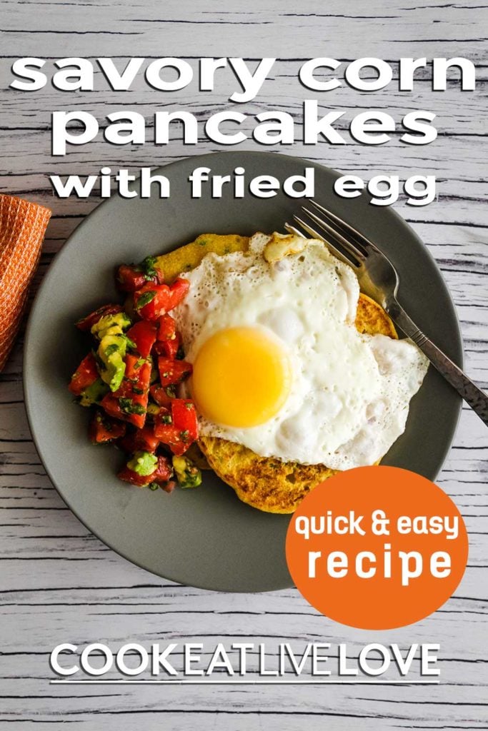 Pin for pinterest with overhead shot of plate of masa harina pancakes with egg on top.  Text on top of photo 