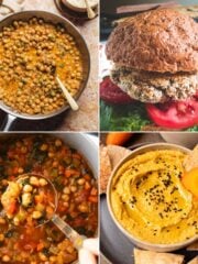 A collage of four vegan chickpea recipes.
