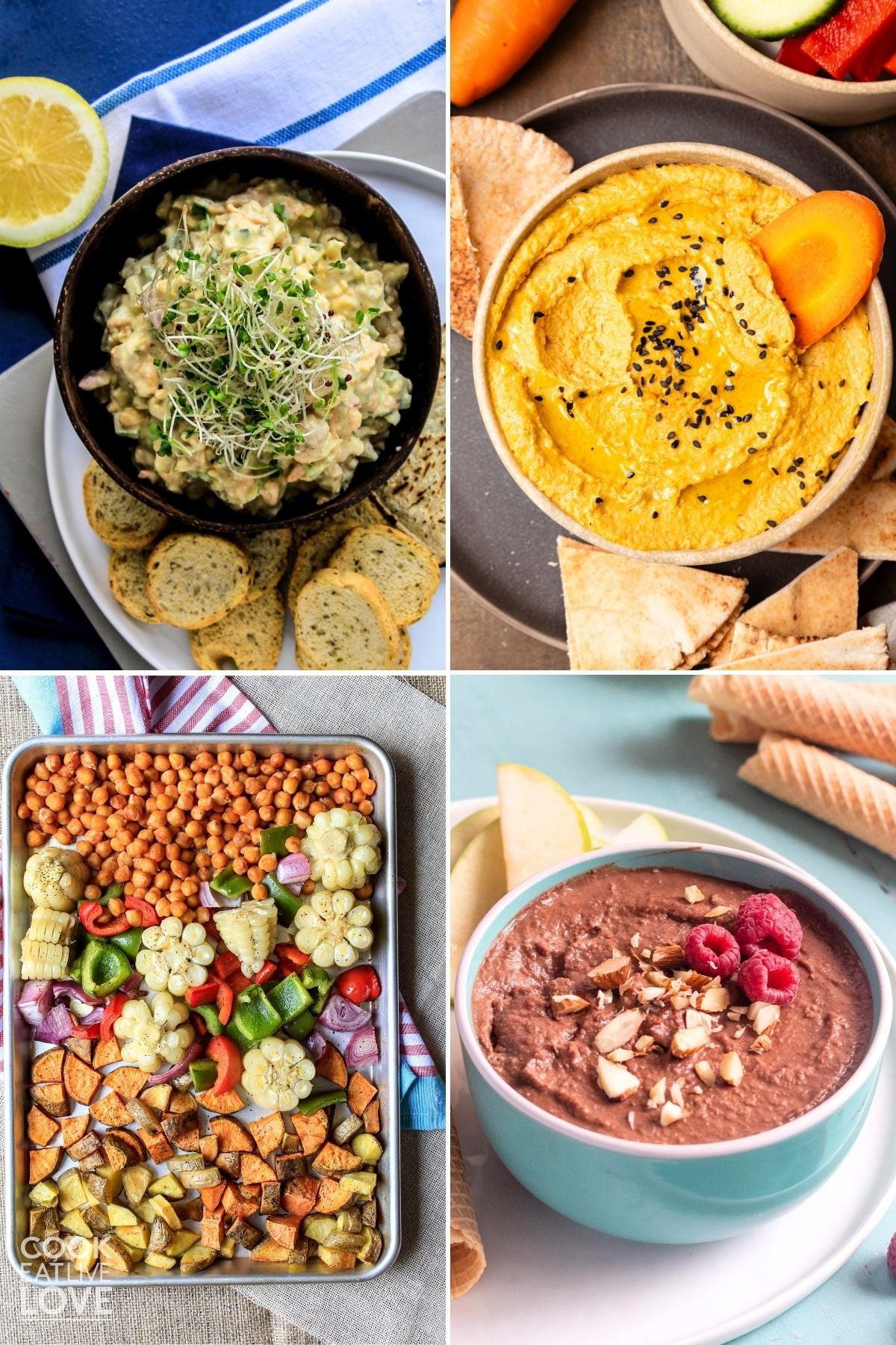 Vegan chickpea recipes in a collage including on a sheet pan, a creamy salad, and two dips.