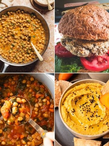 A collage of four vegan chickpea recipes.