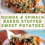 Pin for pinterest graphic with two different images of sweet potatoes with text in the middle.