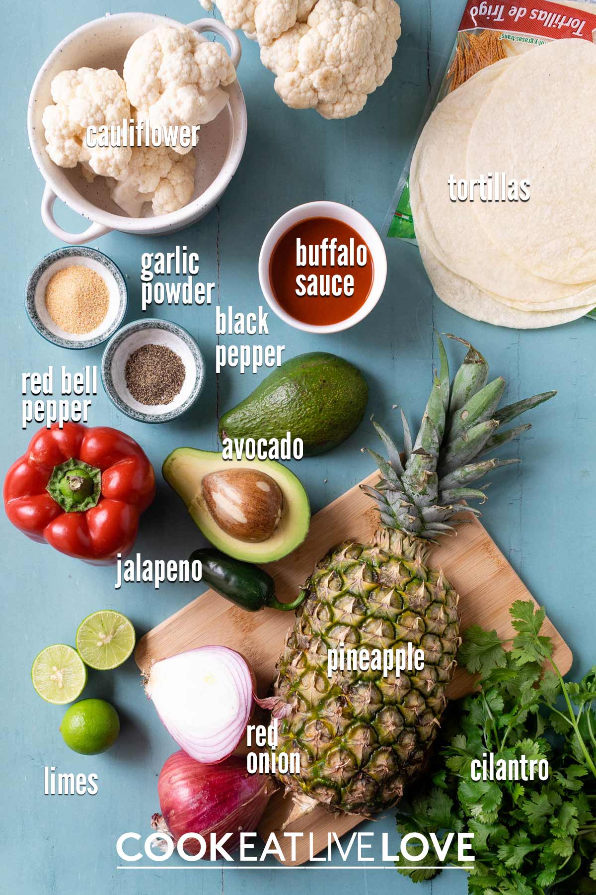 Ingredients to make buffalo cauliflower tacos.