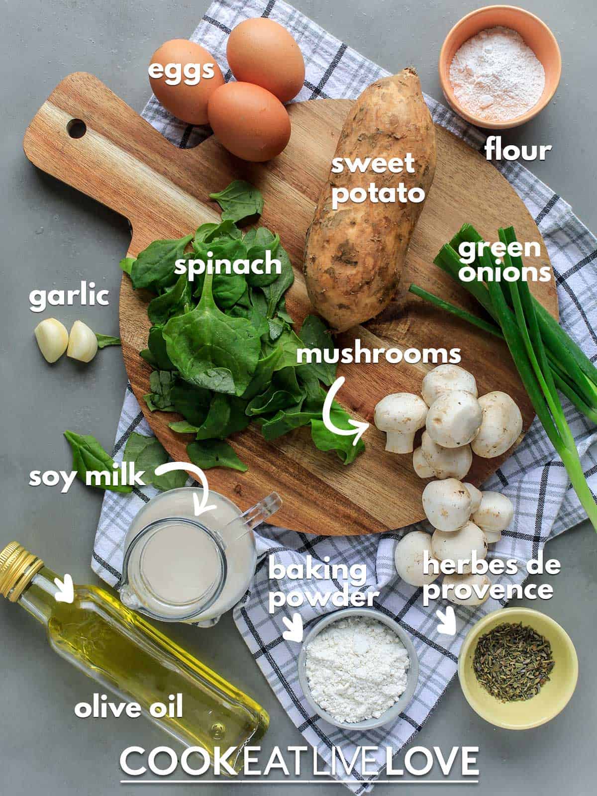 Ingredients to make sweet potato crust quiche on counter