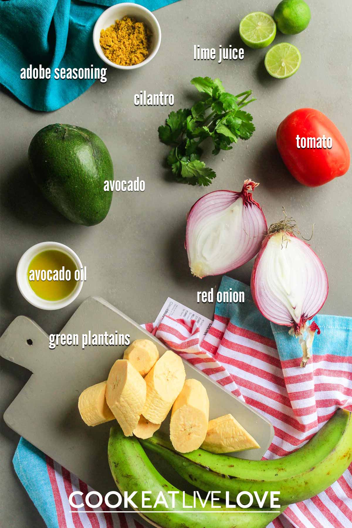 Ingredients on the table to make tostones with text labels