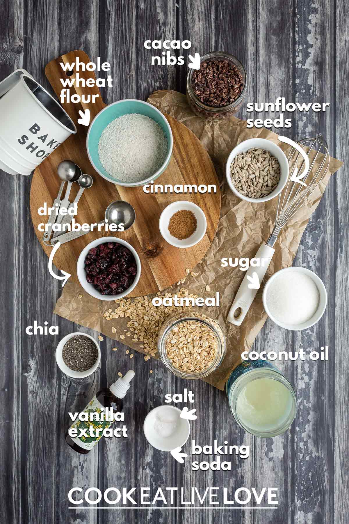 Ingredients to make oatmeal cookies without brown sugar on table with text.