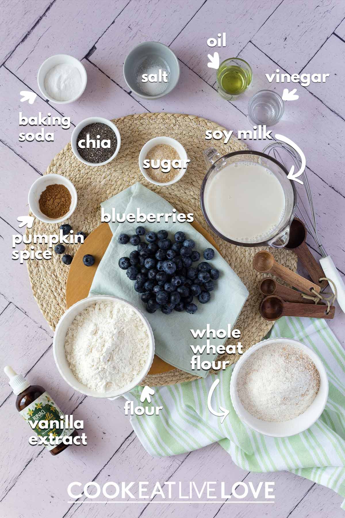 Vegan blueberry pancakes with chia ingredients on a table with text labels.