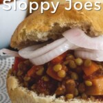 Pin for pinterest graphic with image of vegan sloppy joe and text on top.