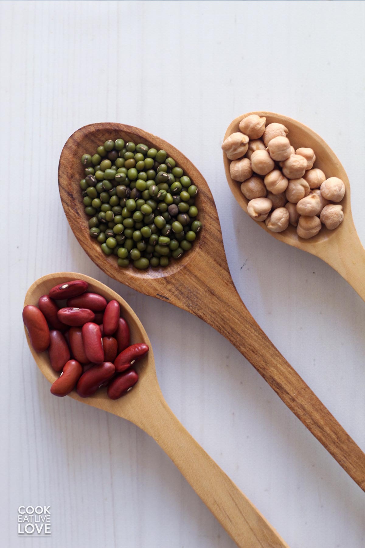 Three types of beans, red beans, mung beans and chickpeas in spoons from overhead.