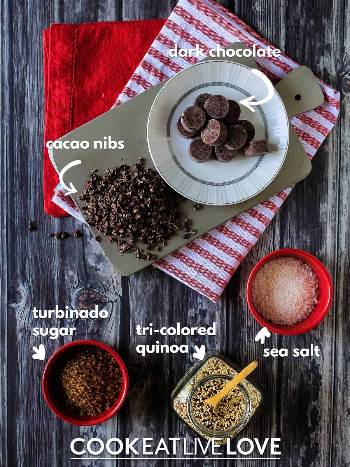 Ingredients to make quinoa chocolate with text