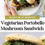 Pinterest graphic with images of portobello sandwich and text on top.