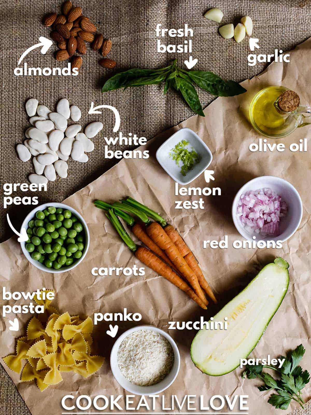 Ingredients to make recipe on table with text labels