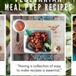 pin for pinterest with polaroid look photo of chickpeas and veggies in a square white bowl. Text on top :20+ easy vegetarian meal prep recipes"