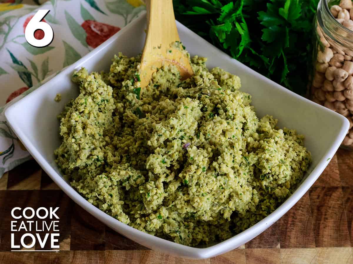 Falafel mixture in a bowl ready to make burgers