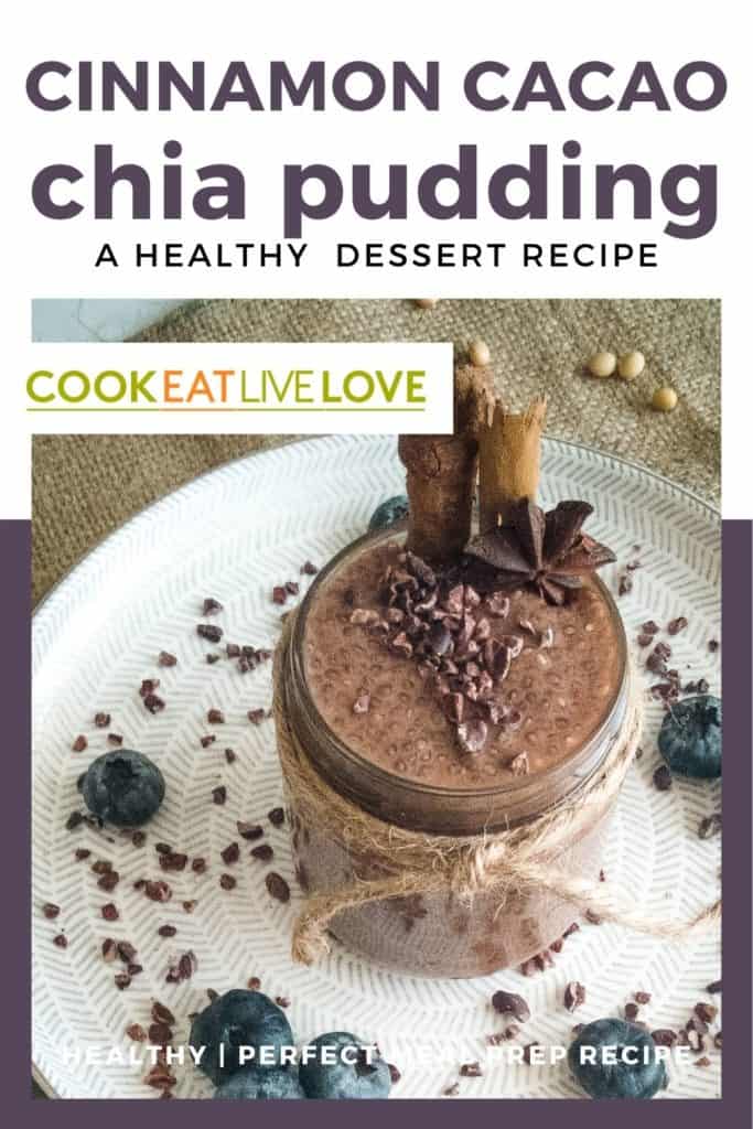 Pin for pinterest with jar of cacao chia pudding on white plate.