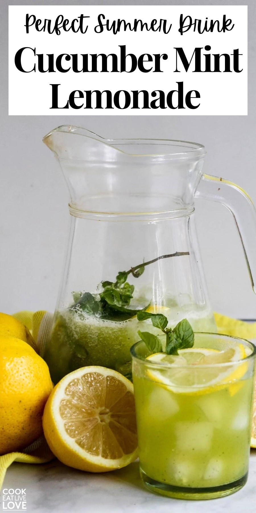 Pin for pinterest graphic with image of cucumber lemonade and text on top.