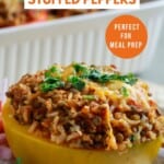 Pin for pinterest graphic with image of lentil stuffed pepper and text