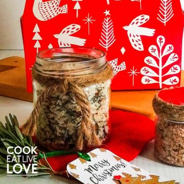 Herb salts as homemade food gifts with holiday packaging.