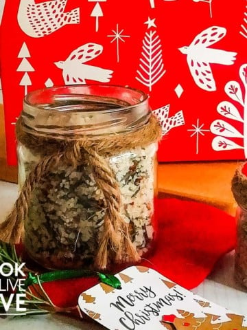 Herb salts as homemade food gifts with holiday packaging.
